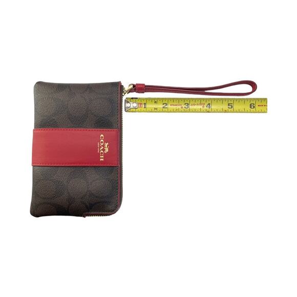 Coach Signature Wristlet F58035 Brown Red Stripe Canvas And Leather Zip Pouch